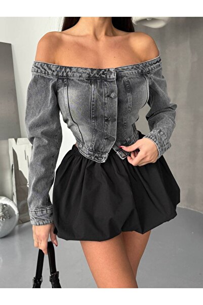 HerTon Kadın Omuz Açık Denim Büstiyer – %100 Pamuk, Korse Formlu Crop Top