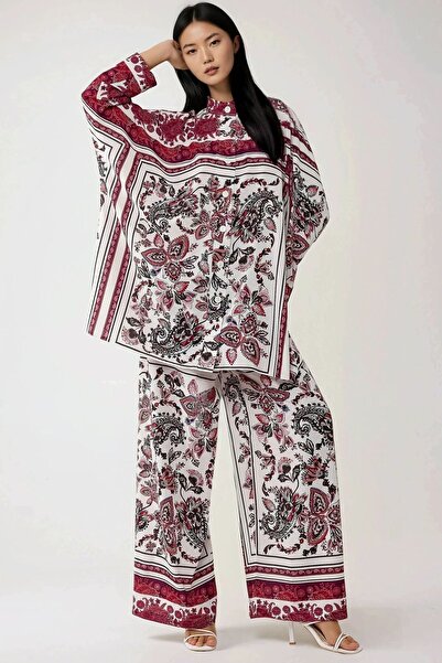 Hiccup Patterned, Long Sleeve Shirt & Wide Leg Pants Double Modest Suit
