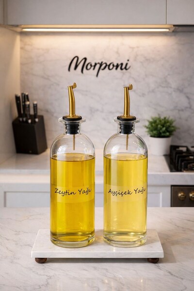 morponi 2-Piece Oil Pot Set with Marble Stand and Non-Spill Gold Lid 500 ml (...