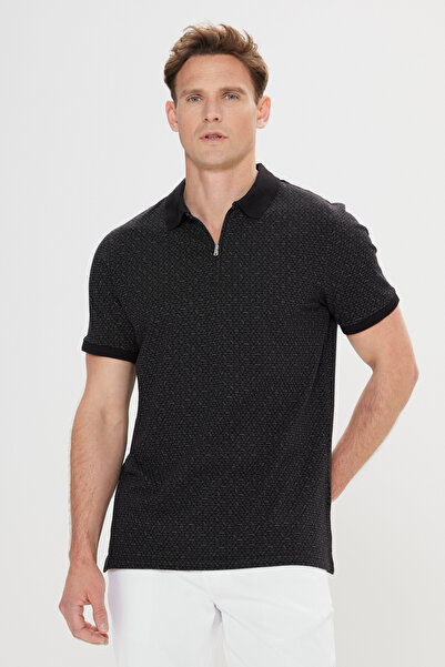 ALTINYILDIZ CLASSICS Men's Black Slim Fit Slim Fit 100% Cotton Printed Polo C...