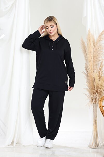 BİrHoşButik Plus Size Full Stretch Fabric Lace-Up Hooded Sleeve Piped Trend E...