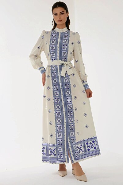 Hiccup Baskılı Uzun Kol Kuşaklı Maxi Elbise