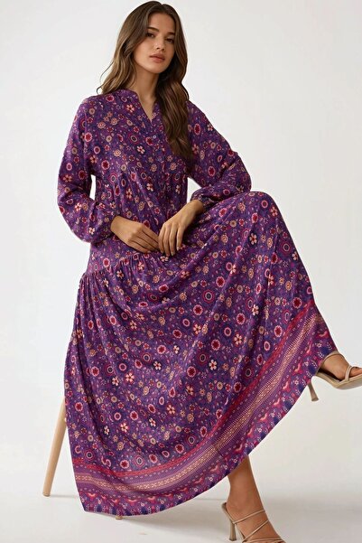 Hiccup Rochie maxi cu imprimeu, decolteu în V și nasturi