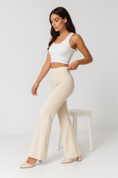 Zeromiss Beige Charleston Flare Flared Trousers Steel Knitted t Shaping / Scu...