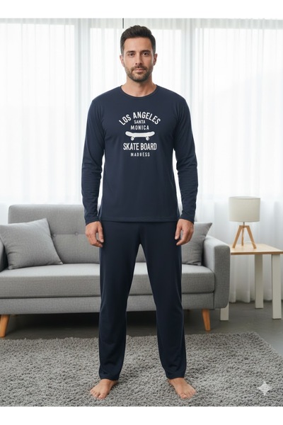 FAMES PİJAMA Men's Long Sleeve Navy Blue Comfortable Pajama Set
