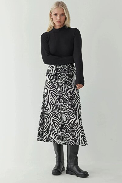 Hiccup Yüksek Bel Zebra Desenli Midi Etek