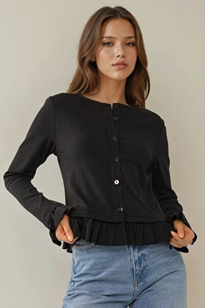 Hiccup Πλεκτή ζακέτα με λαιμόκοψη με κουμπιά με λεπτομέρεια βολάν