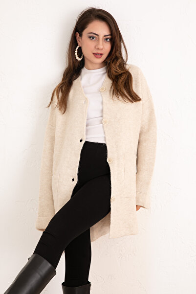 Salih Çelebi Pocketed Knitwear Cardigan 07446 - Ekru