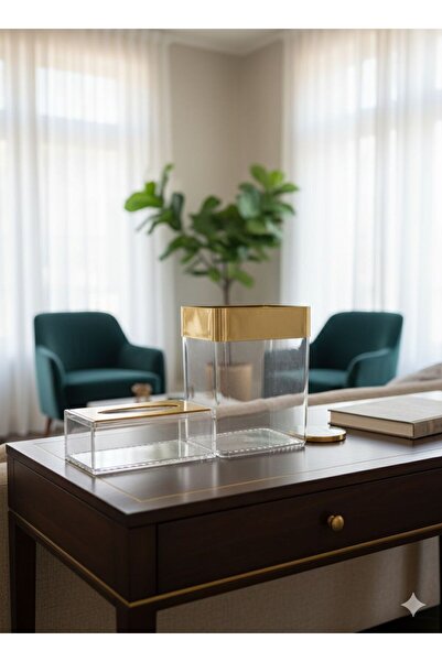 Noor High-quality, elegant square acrylic tissue box and basket with a gold t...