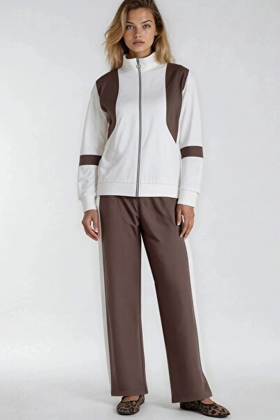 Hiccup Modal Textured Color Block Zippered Collar Wide Leg Double Suit Berşan...