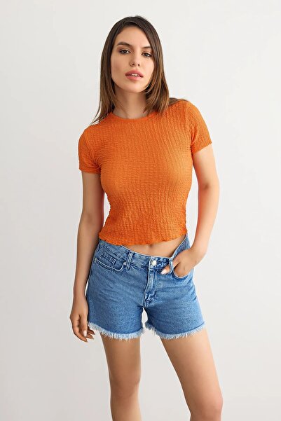 Hiccup Crew Neck Woven Crop Top - Short Sleeve