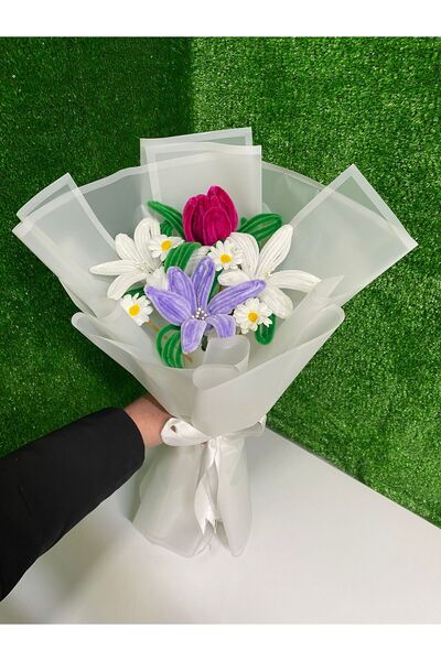 Dikenli Bahçe Renkli Şönil Buket – Papatya ve Lale Detaylı Özel Tasarım Çiçek...