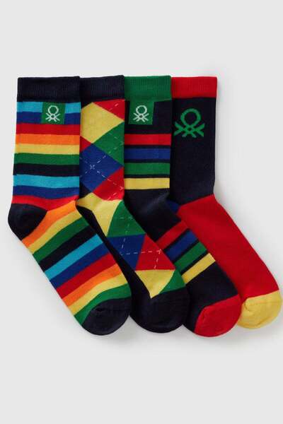 United Colors of Benetton Mix Men's E_Logo Detailed Patterned 4-Piece Socks S...