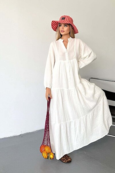 GİYSA Rochie lungă cu bumbac 100% bucăți cu detaliu cu nasturi pentru femei, ...