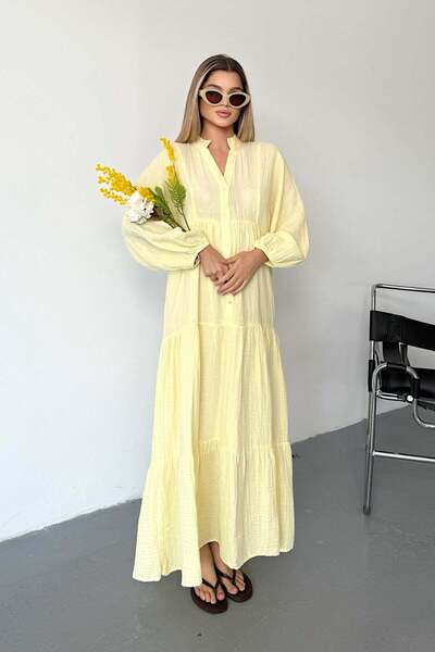GİYSA Women's Button Detailed 100% Cotton Long Dress Yellow - 26Y 3007
