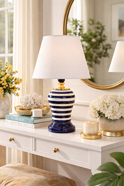 ferayhome Abajur Aydınlatma Şah Lacivert Klasik Zebra Beyaz Şapka Gold - Fera...