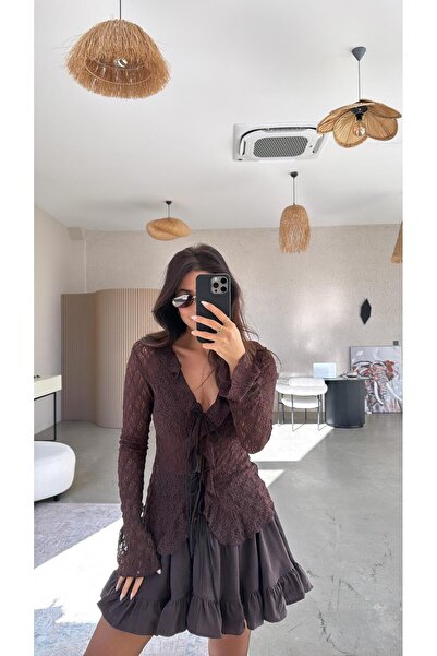 Buket Teke Brown Lace-Up Ruffled Lace Blouse