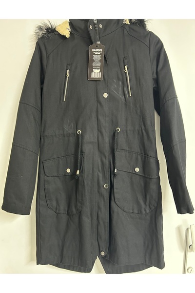 Hünkar Siyah içi kürklü kapşonlu kadın mont