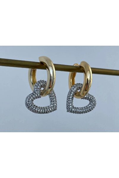 Tasarım Kadın Zirkon Taşlı Kalp Figürlü Altın Kaplama Halka Küpe- Kararmaz Pa...