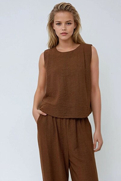 Hiccup Linen Look Blouse & Elastic Waist Trousers Double Set