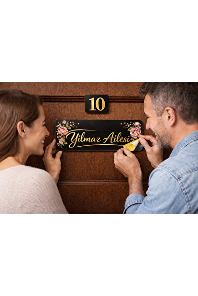 Outdoor One Kişiye Özel Gold Siyah Çiçekli Kapı İsimliği Seti | Yeni Ev Hediy...