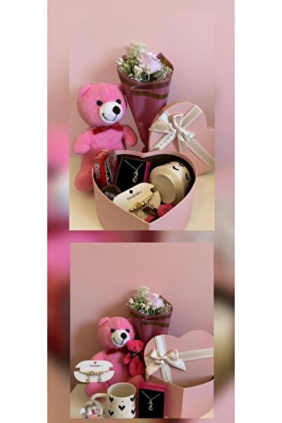 elovya Sevgiliye Özel Pembe Hediye Seti - Ayıcık, Kolye, Bileklik ve Kalpli K...