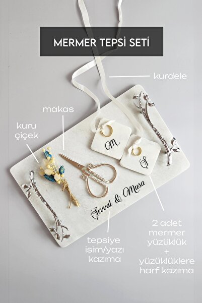 ioadesign Akasya Gümüş - KİŞİYE ÖZEL Gerçek Mermer Söz Nişan Tepsisi (32X20 C...