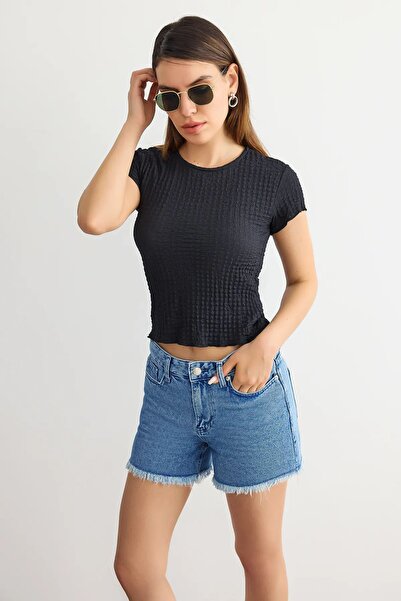Hiccup Dokuma Bisiklet Yaka Kısa Kollu Crop Top
