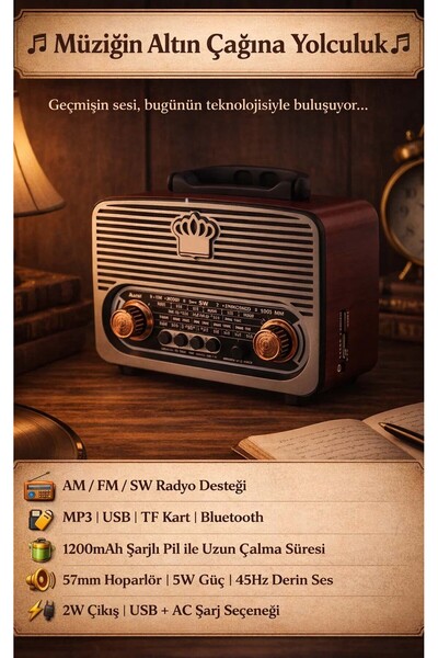 FaroxTech Şarjlı Retro Radyo & Bluetooth Hoparlör - USB/SD Destekli Taşınabil...