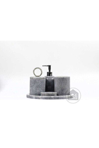 ege gross Dekoratif Gri Mermer Banyo Seti 5 Li Gümüş Halka Aksesuar Detaylı T...