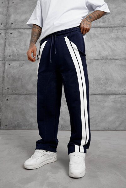 NOMARC Navy Blue Baggy Trackpants with Strip Detail on the Front