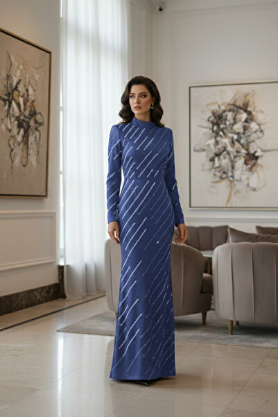 sarıhan Önü ve Kolları Taş Bezeli Mavi Saten Elbise