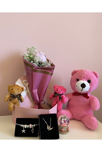 elovya Sevgililer Günü & Doğum Günü Özel: 3'lü Peluş Ayı, Çiçek, Kolye ve Bil...