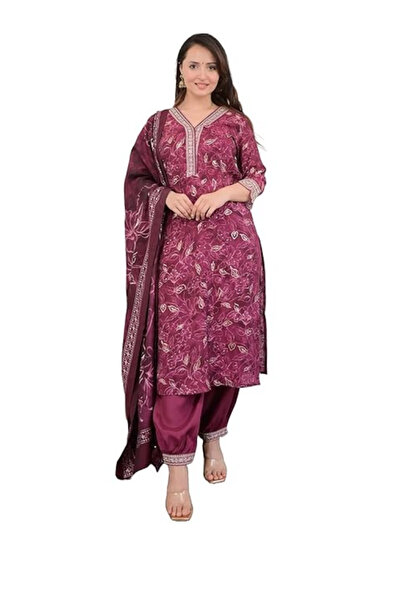 MYSMAR MaroonViscose Printed Straight Kurta Pant With Dupatta - ALV1210
