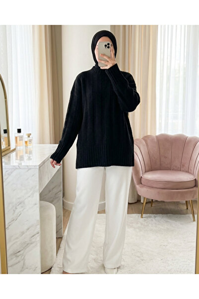 Modamorfo Half-Throated Stripe Patterned Soft Knitwear Sweater -Black