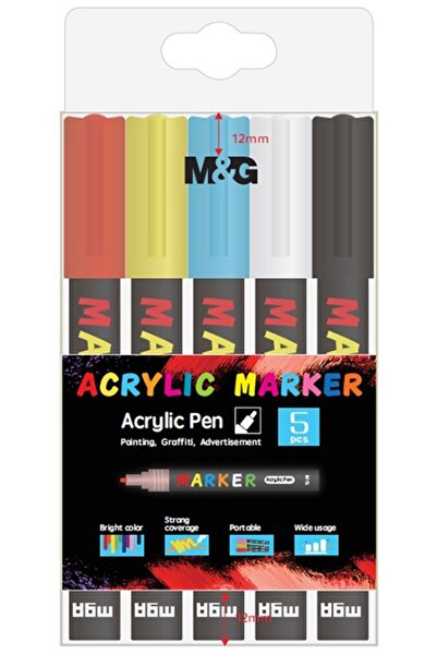M&G Set marker cu vopsea acrilica, varf rotund, 2 mm, 5 culori/set,