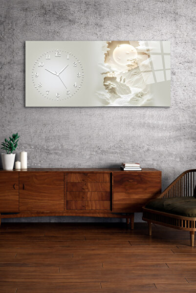 Olinpa KIRILMAZ CAM DUVAR SAATİ , HEM TABLO HEM SAAT BULUTLAR VE AY MANZARASI...