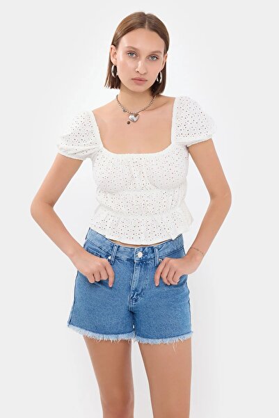 Hiccup Square Neck Lace Short Sleeve Peplum Top