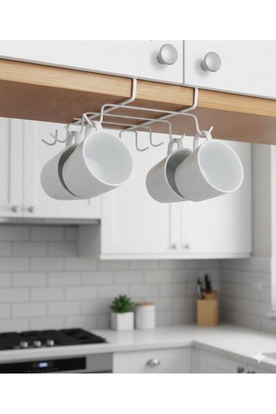 UG Home White Metal 10-Hook Cup Mug Tumbler Hanger In-Cabinet Hooked Cup Hold...
