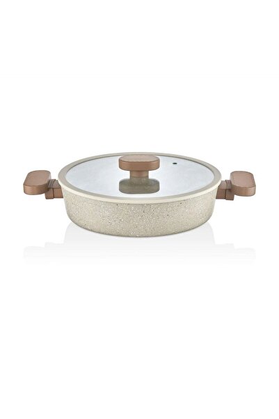 LAVONNI Valeria 30 cm Granite Flat Pot with Silicone Edged Glass Lid - Cappucino