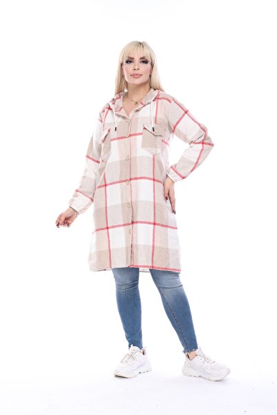 BİrHoşButik Plus Size Lace-Up Hooded Buttoned Trendy Sleeve Elasticized Winte...