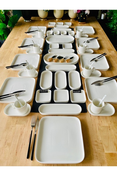 CASA DE BELLA Beyaz Porselen 12 Kişilik 70 Parça Çay Fincanlı Kahvaltı Takımı