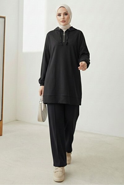 Bestenur Hooded Tunic Trousers Double Set 1676 - Black