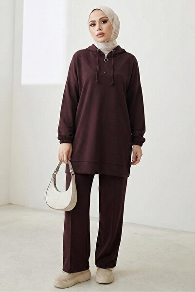 Bestenur Kapüşonlu Tunik Pantolon İkili Takım 1676 - Kahve