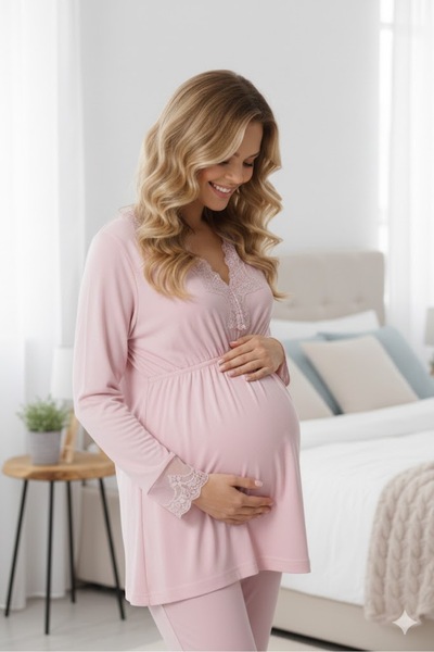 Pelin Women's Lace Detailed Adjustable Waist Maternity Pajama Set