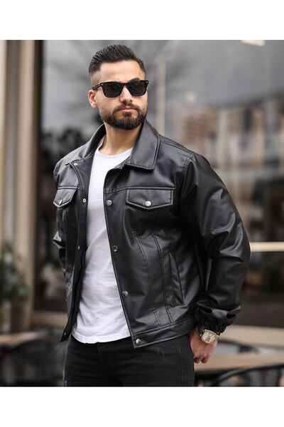 İBOS MODA New Season Men's Full Snap Closure Casual Leather Jacket