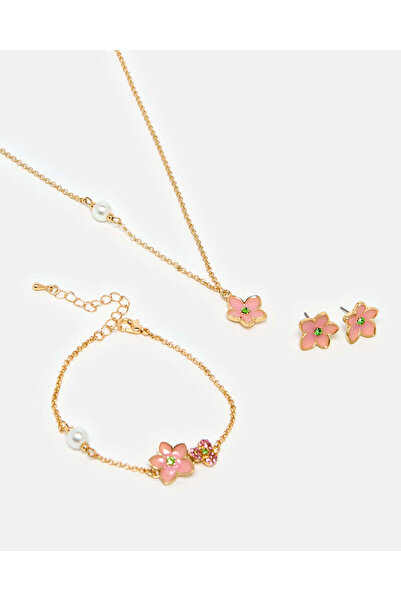 REDTAG طقم مجوهرات نسائي ذهبي مزين بالزهور (3 قطع)
