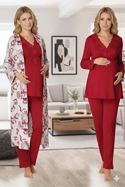 Pelin Women's Long Dressing Gown Patterned Lace Detailed Maternity 3-Piece Pa...
