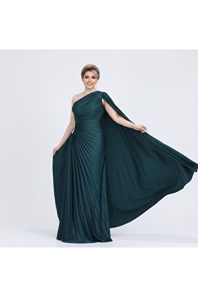 SERA فستان من التافتا بلون الزمرد بكتف واحد ومطوي