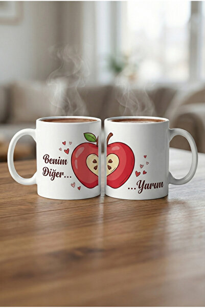 MeshCraft3D Yarım Elma Gönül Alma Tasarımlı Çift Kupası - Sevgiliye Romantik ...
